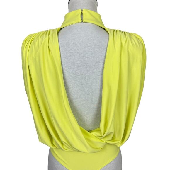 Express Neon Yellow Draped Mock Neck Open Back Thong Bodysuit w Shoulder Pads - Picture 10 of 12